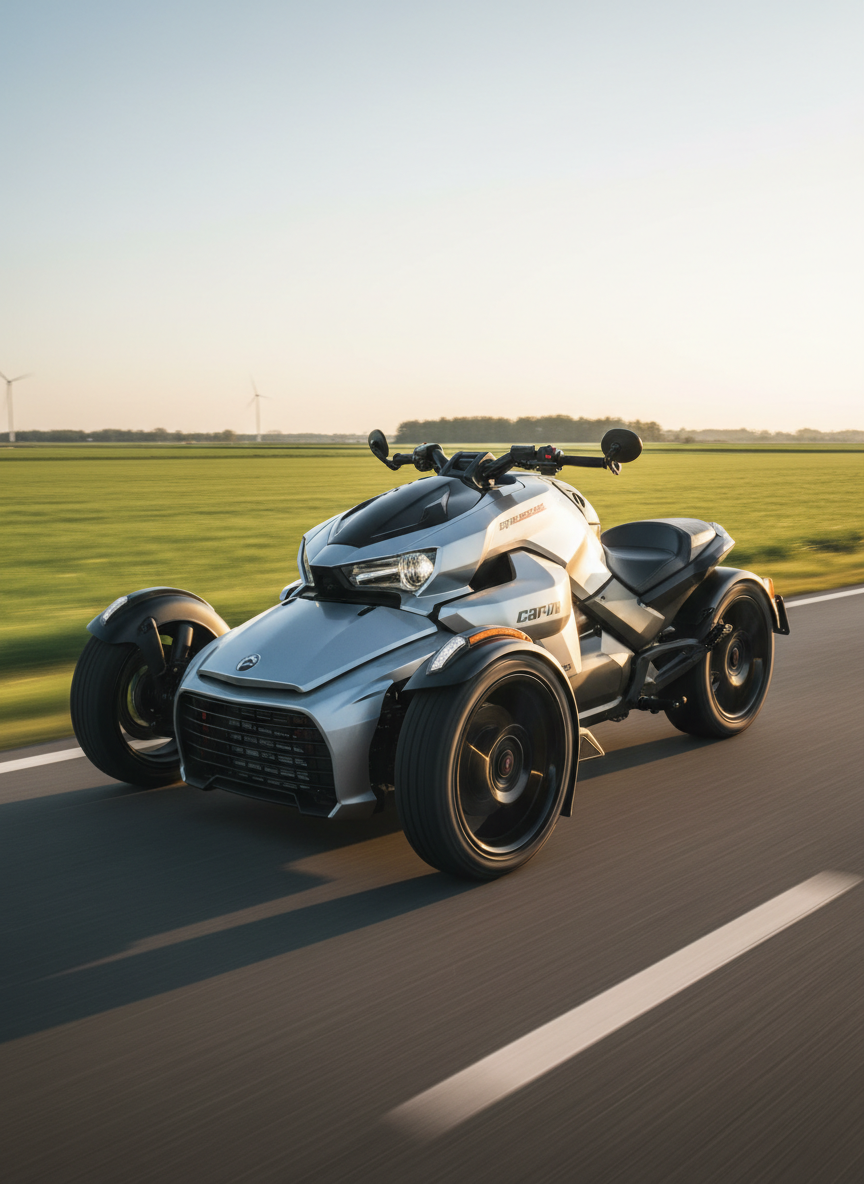 A dynamic, photographic realistic motion shot of a Can-Am Ryker appearing to move along an empty, straight Dutch polder road outside Amsterdam, framed tightly so no rider is visible. The surrounding flat landscape features green fields, a distant line of trees, and a faint hint of wind turbines on the horizon, all slightly motion-blurred. Low, warm late-afternoon sun casts long shadows and creates a subtle highlight running along the Ryker’s side panels and wheels, underscoring its sporty character. The camera is positioned at a low three-quarter front angle, with a sense of speed emphasized by streaked road texture. The mood is energetic, adventurous, yet controlled, ideal for conveying the experience offered by the rental service.