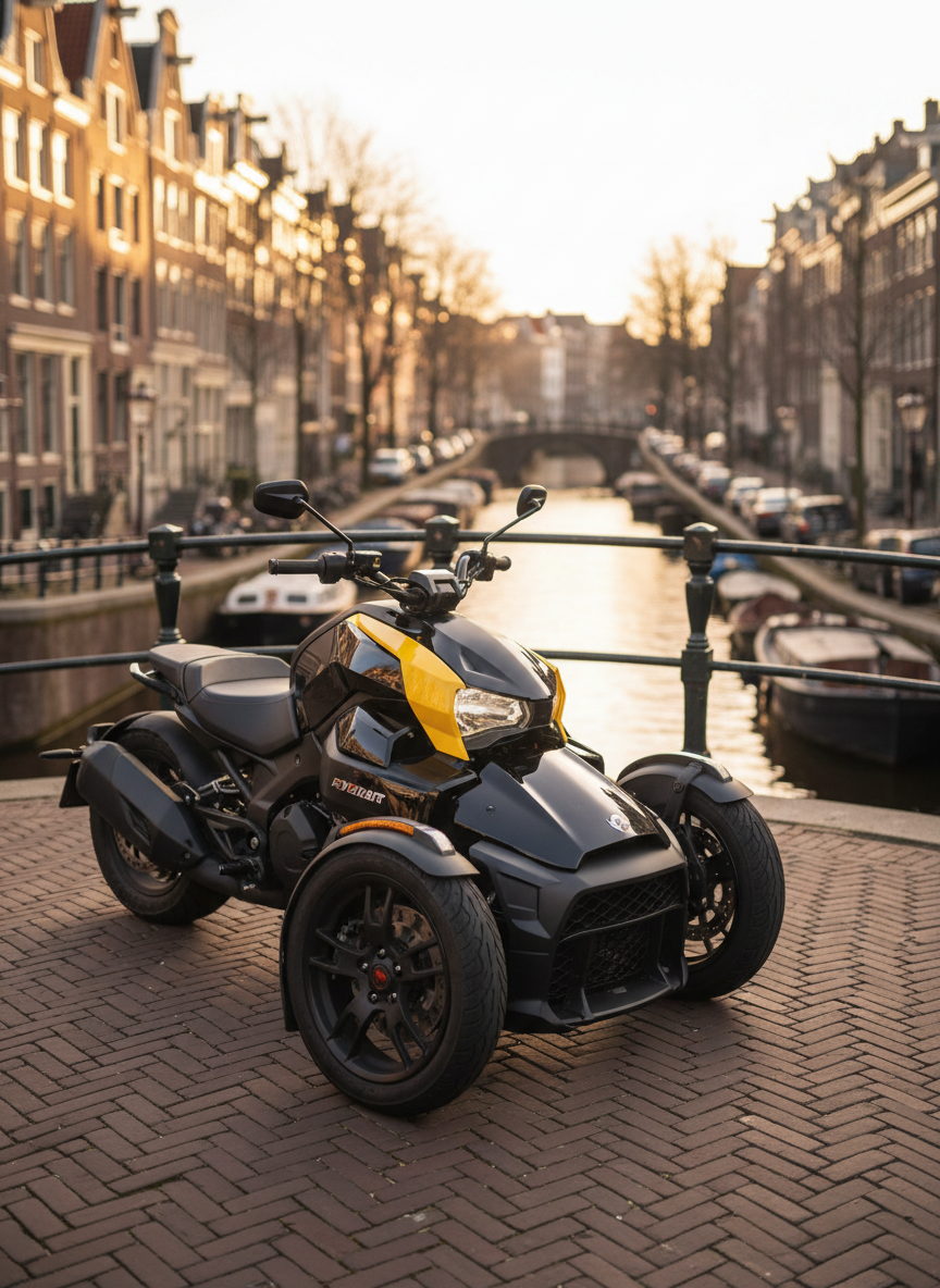 A single Can-Am Ryker positioned on a narrow Amsterdam bridge, its wheels precisely aligned with the brick paving pattern. The surrounding canal curves off into the distance, lined by classic townhouses and tidy moored boats, gently blurred to keep attention on the Ryker. Soft golden hour sunlight filters between buildings, creating subtle rim lighting along the Ryker’s edges and gentle reflections on its body panels. Photographic realism, captured from a slightly elevated front-side angle using the rule of thirds to place the Ryker off-center, allowing the bridge railing and canal to lead the viewer’s eye. The mood is elegant, adventurous, and professional, suggesting stylish exploration of the city by rental Ryker.