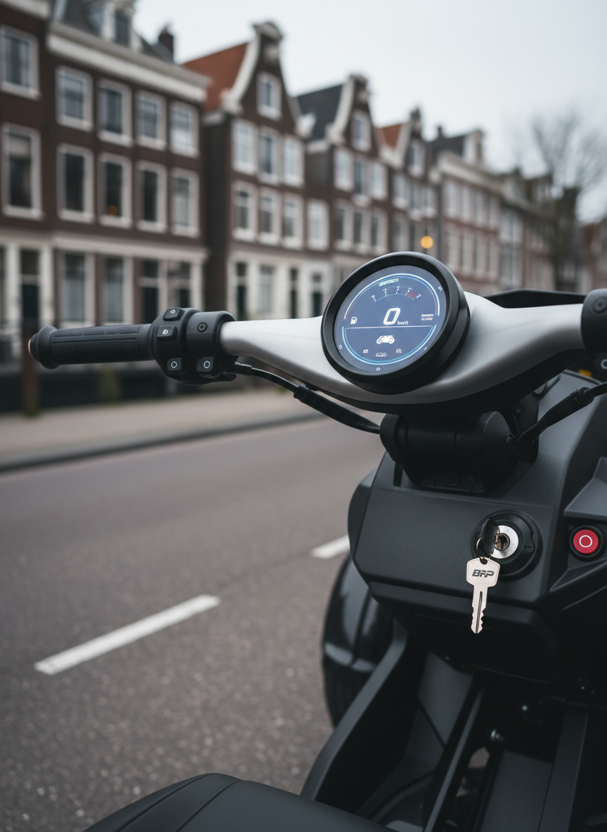 A close-up, photographic realistic shot of a Can-Am Ryker’s handlebars, digital dashboard, and ignition key area, captured from the rider’s perspective. The vehicle rests on a smooth, dark asphalt street with a faint white lane marking visible, while iconic Amsterdam gabled rooftops appear softly out of focus in the distance. Soft overcast daylight provides even, diffused lighting, eliminating harsh shadows and highlighting the textures of matte black plastics, brushed metal controls, and illuminated screen details. The composition uses a shallow depth of field and centered framing on the cockpit, creating a modern, professional, and slightly technical mood that communicates precision engineering and readiness for an urban ride.