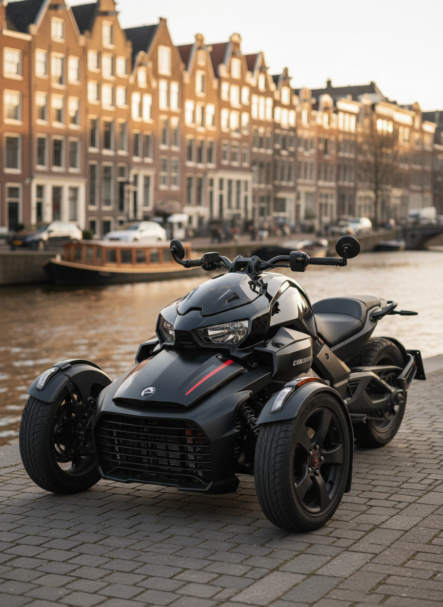A sleek black Can-Am Ryker with subtle metallic red accents, parked prominently on a clean Amsterdam canal-side quay of light grey cobblestones. Classic narrow canal houses and gently rippling water form a softly blurred background, with a few moored boats adding context. Late afternoon natural light creates a warm, golden reflection on the Ryker’s glossy bodywork and matte-finish wheels, emphasizing its muscular stance and modern design. Photographic realism with a low, three-quarter front angle, sharp focus on the vehicle, and shallow depth of field. The mood is professional, aspirational, and dynamic, highlighting the Ryker as the hero subject and suggesting premium rental in the heart of Amsterdam without showing any people.