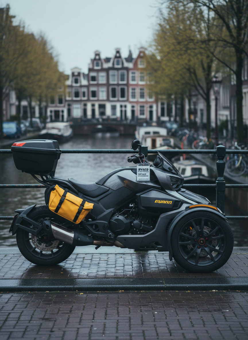 A Can-Am Ryker parked neatly beside an Amsterdam canal railing, with a close focus on the side profile and rear storage area suitable for a day-trip. A small, hard-shell top case and side-mounted soft bag are securely attached, emphasizing practicality for rental. Wet cobblestones reflect a soft sheen from recent rain, while overcast daylight creates a cool, diffused ambiance and gentle reflections on the Ryker’s surfaces. Photographic realism with a medium focal length and shallow depth of field keeps the vehicle crisp while subtly blurring the canal, houseboats, and bicycles in the background. The mood is practical, professional, and reassuring, emphasizing real-world usability for city exploring and short getaways.