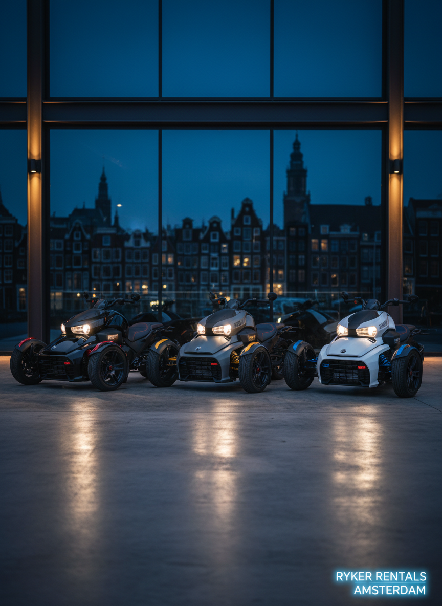 A row of three Can-Am Rykers in different color combinations—black with red accents, matte grey with yellow highlights, and glossy white with blue details—neatly aligned on a clean industrial-style concrete forecourt. Behind them, a minimal modern building with large glass panels reflects a hint of Amsterdam’s skyline. Early evening blue-hour lighting combines with subtle, warm exterior building lights, creating dramatic reflections on the Rykers’ bodywork and casting long, crisp shadows. Photographic realism with a wide-angle, eye-level composition and sharp focus throughout, emphasizing variety, availability, and professionalism. The atmosphere feels organized, trustworthy, and premium, ideal for illustrating a well-maintained rental fleet ready for booking.