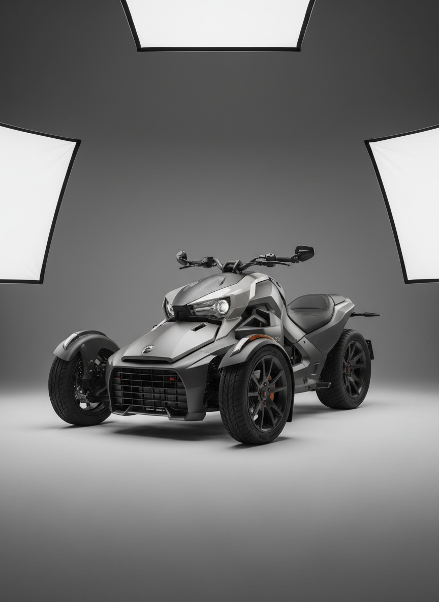 A clean, minimalist studio-style shot of a Can-Am Ryker on a seamless medium-grey background, created in photographic realism. The Ryker is captured in a precise three-quarter side view, showcasing its aggressive front profile, low stance, and premium suspension components. Soft, diffused studio lighting from both sides and above highlights the subtle curves and sharp lines, casting controlled, gentle shadows underneath to ground the vehicle. The environment is uncluttered and neutral, with razor-sharp focus on all details, from tread pattern on the tires to texture on the seat. The composition is centered and symmetrical, conveying a professional, high-end, catalog-like atmosphere ideal for pricing or specification sections of a rental website.